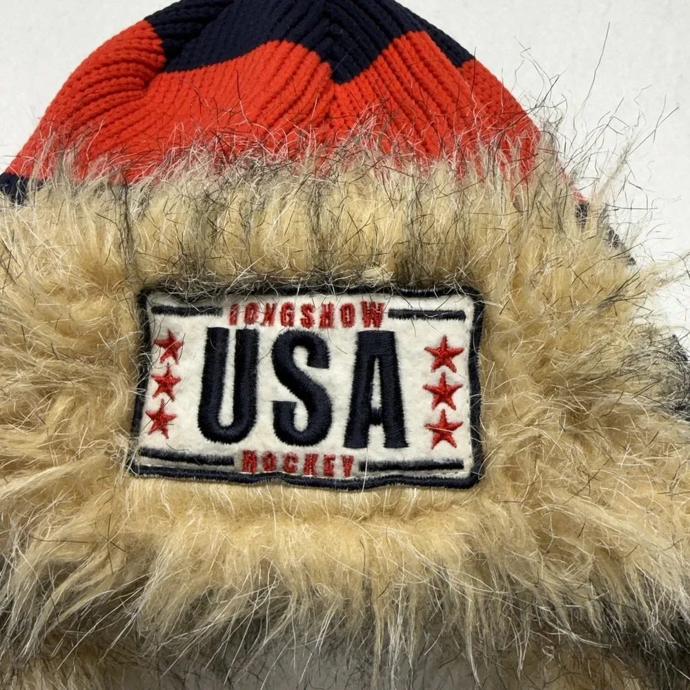 Gongshow Hockey USA Trapper Hat Faux Fur Ear Flap Knit Beanie One Size